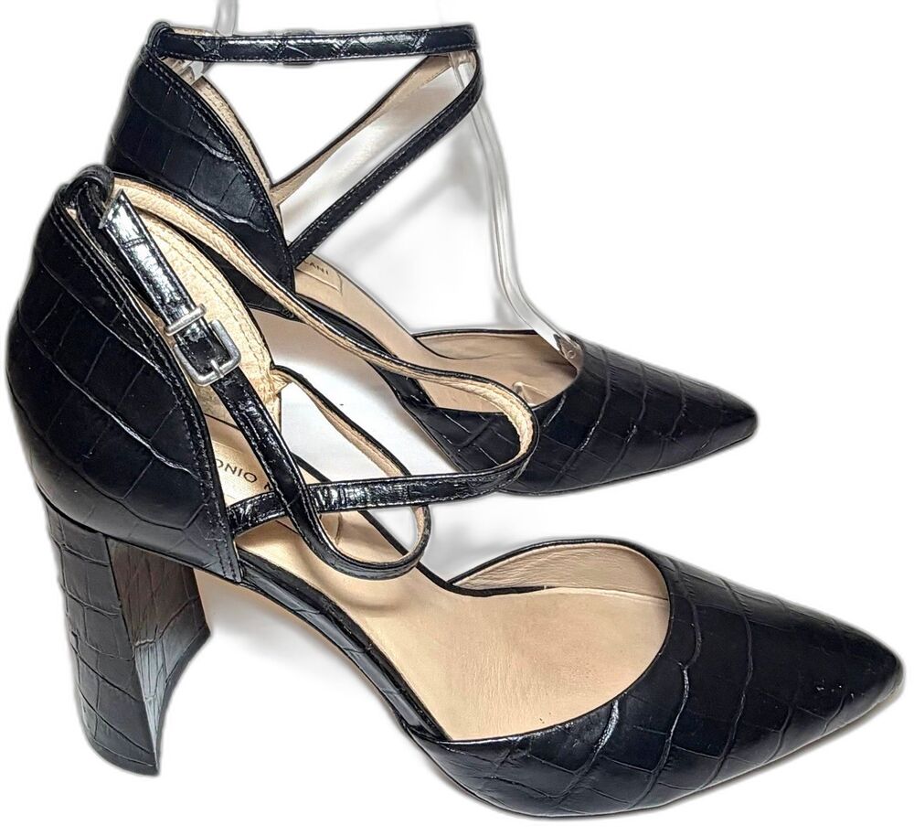 Antonio Melani Whittley Black Croc Embossed Leather Ankle Strap Pumps 8.5M Block